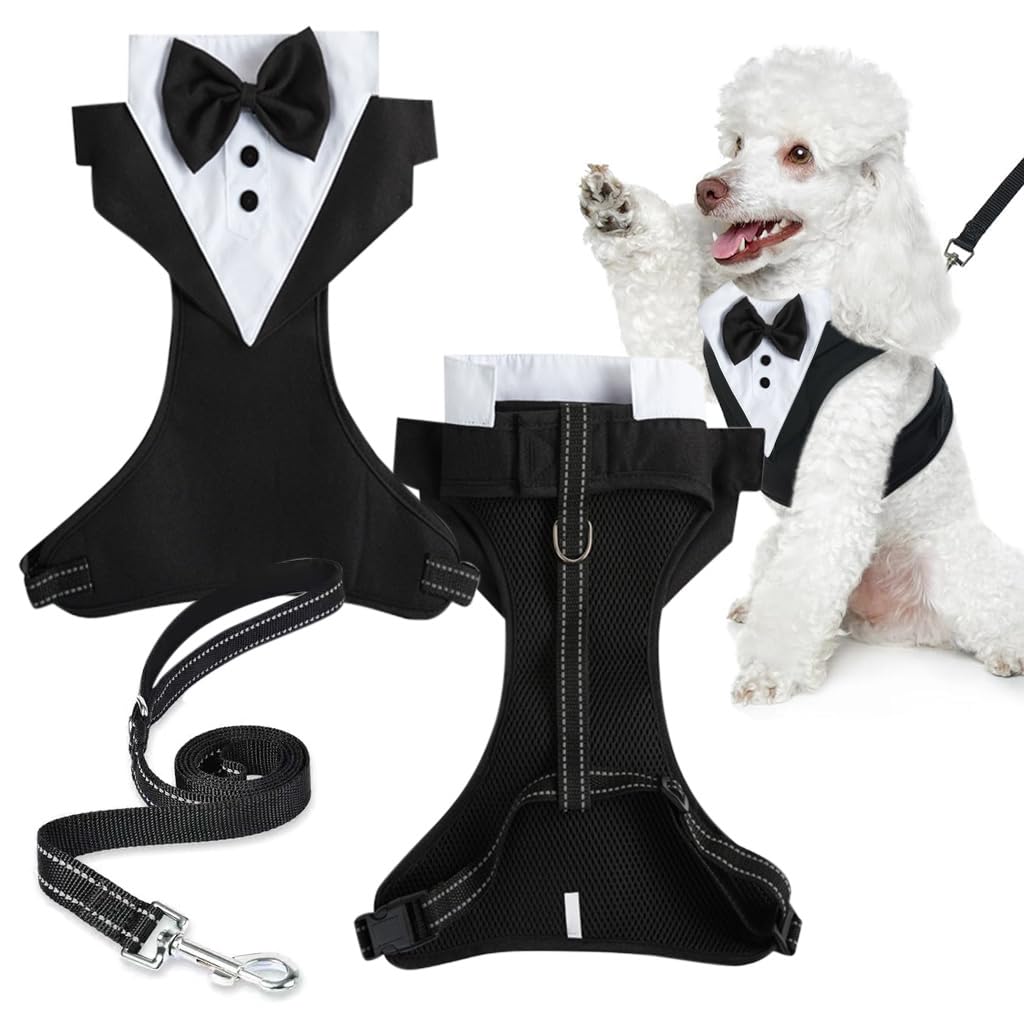 Qpets Dog Tuxedo Harness, Fashionable Dog Tuxedo Harness Set with Traction Rope and Chest Harness, Dog Vest Pet Suit Holiday Dress Puppy Kitten Wearing, S Qpets Dog Tuxedo Harness, Fashionable Dog Tuxedo Harness Set with Traction Rope and Chest Harness, Dog Vest Pet Suit Holiday Dress Puppy Kitten Wearing, S